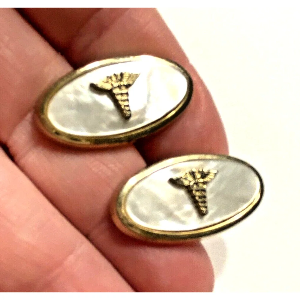 Mid Century Anson Cuff Links Mens Fashion Jewelry Gift Gold MOP Caduseus medical